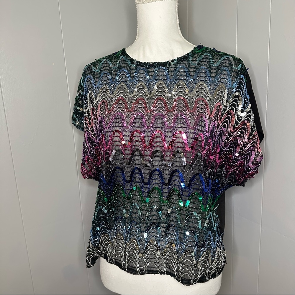 Vintage Pearlette Plus Rainbow Sequin Blouse Top | Size 38 (Approx. M)